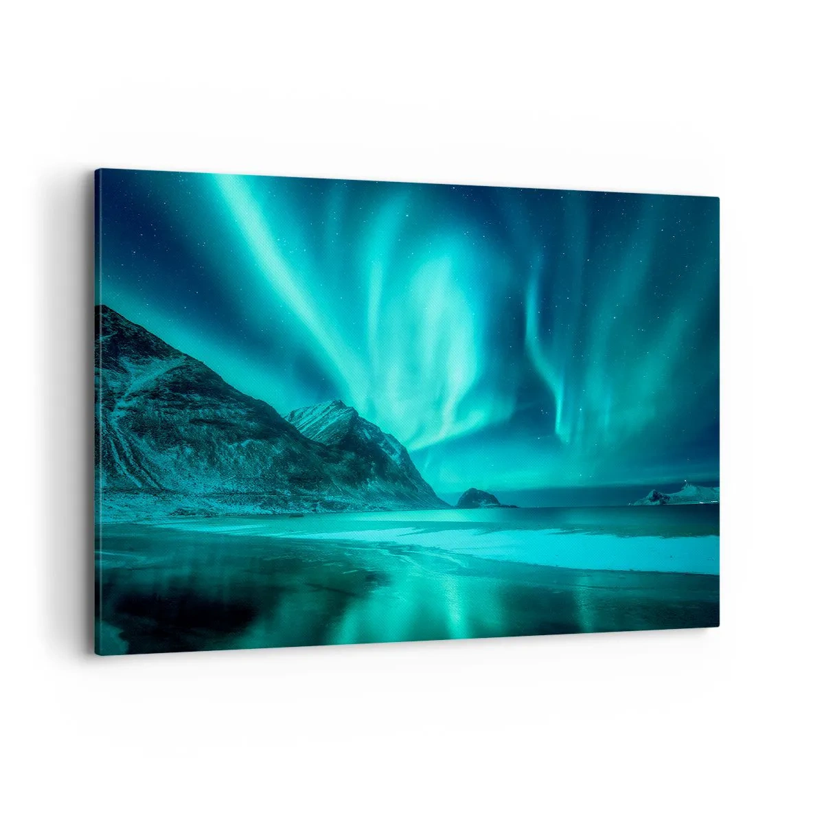 Bild auf Leinwand - Leinwandbild - Aurora Borealis über einer bergigen Winterlandschaft - 100x70cm - Wunder des Nordens - Moderne Wanddekoration für Wohnzimmer und Schlafzimmer ARTTOR