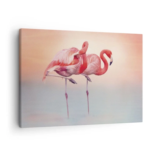 Bild auf Leinwand - Leinwandbild - Flamingos in zarten Pastellfarben auf Wasserhintergrund - 70x50cm - Die Farbe der untergehenden Sonne - Moderne Wanddekoration für Wohnzimmer und Schlafzimmer ARTTOR