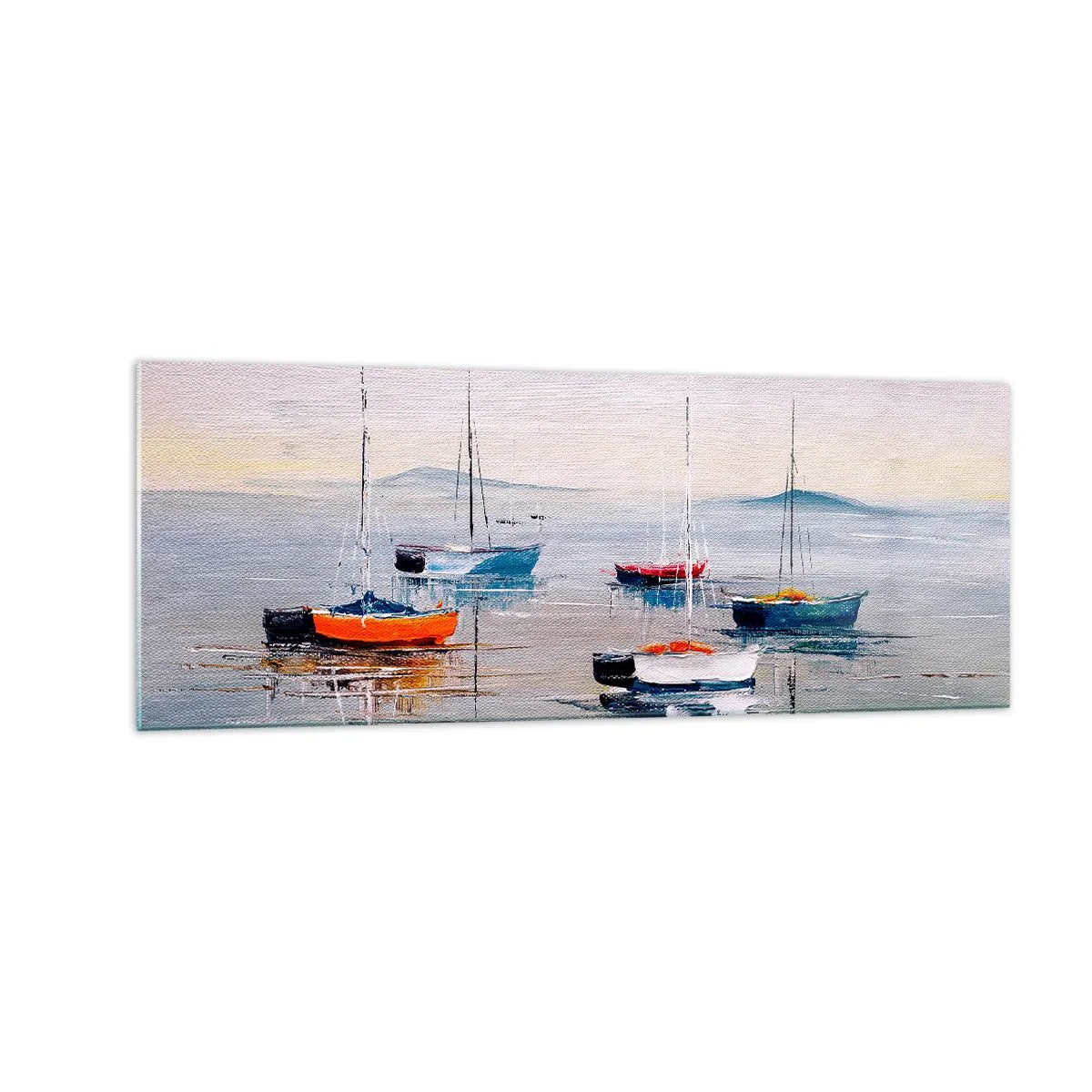 Glasbild - Bild auf glas - Bunte Boote auf ruhigem Wasser - 140x50cm - Wohlverdiente Ruhe - Moderne Wanddekoration für Wohnzimmer und Schlafzimmer ARTTOR