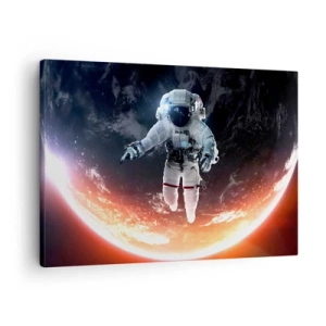 Bild auf Leinwand - Leinwandbild - Ein Astronaut schwebt über einer sonnenbeschienenen Erde - 70x50cm - Kann ich noch eine Weile bleiben? - Moderne Wanddekoration für Wohnzimmer und Schlafzimmer ARTTOR