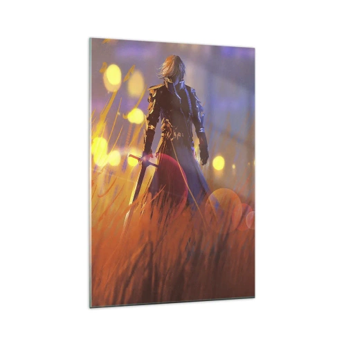 Glasbild - Bild auf glas - Die Figur eines Ritters im Licht der untergehenden Sonne auf einem Feld - 70x100cm - Fahrender Ritter - Moderne Wanddekoration für Wohnzimmer und Schlafzimmer ARTTOR