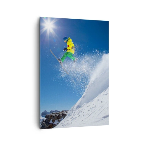 Bild auf Leinwand - Leinwandbild - Skifahrer in der Luft mit Bergen im Hintergrund - 70x100cm - Tanzen mit den Bergen - Moderne Wanddekoration für Wohnzimmer und Schlafzimmer ARTTOR