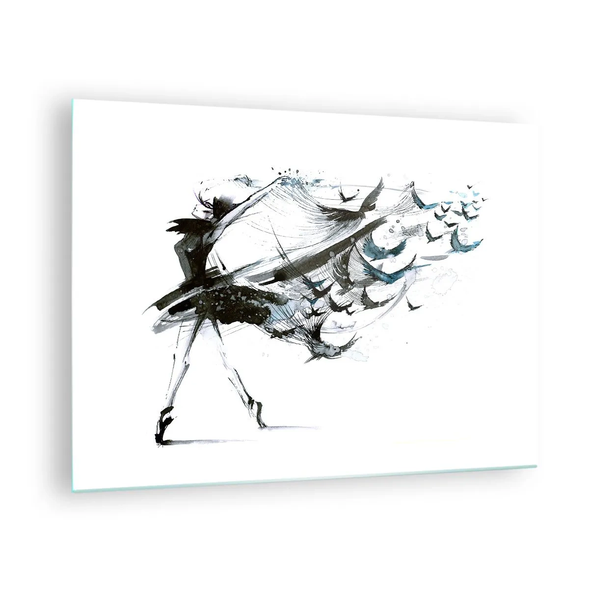 Glasbild - Bild auf glas - Tänzerin in Bewegung mit schwebenden Vögeln - 70x50cm - Die Magie der Musik befreit dich vom Bann - Moderne Wanddekoration für Wohnzimmer und Schlafzimmer ARTTOR