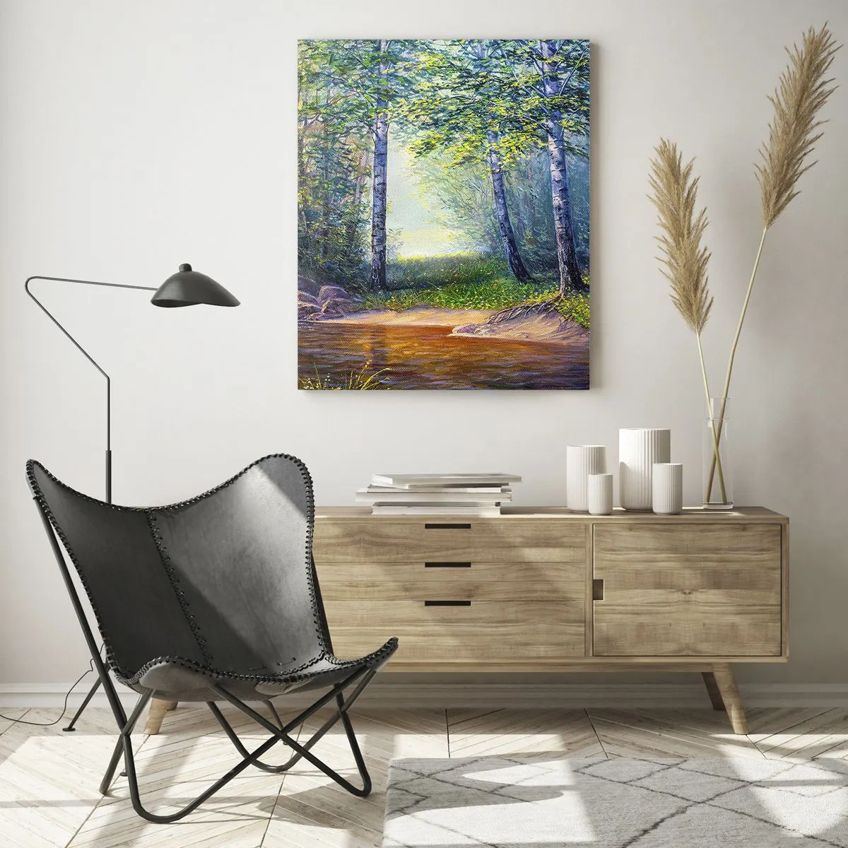 Glasbild - Bild auf glas - Ein Waldbach, umgeben von Birken und Sonnenschein - 70x100cm - Idyllische Landschaft - Moderne Wanddekoration für Wohnzimmer und Schlafzimmer ARTTOR