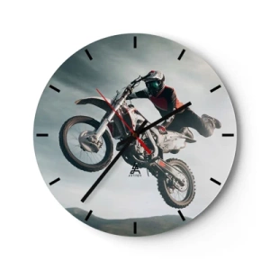 Wanduhr - Glasuhr - Ein Motorradfahrer fliegt bei einem dynamischen Sprung mit seinem Motorrad durch die Luft. - 30x30cm - Kein Spaß ohne Risiko - Moderne Wanddekoration für Wohnzimmer, Küche und Schlafzimmer ARTTOR