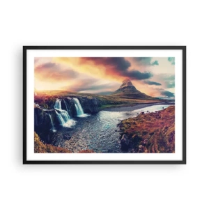 Poster in einem schwarzem Rahmen - Blick auf den Wasserfall und die Berge im Licht der untergehenden Sonne - 70x50cm - In der Majestät der Natur - Moderne Wanddekoration für Wohnzimmer und Schlafzimmer ARTTOR
