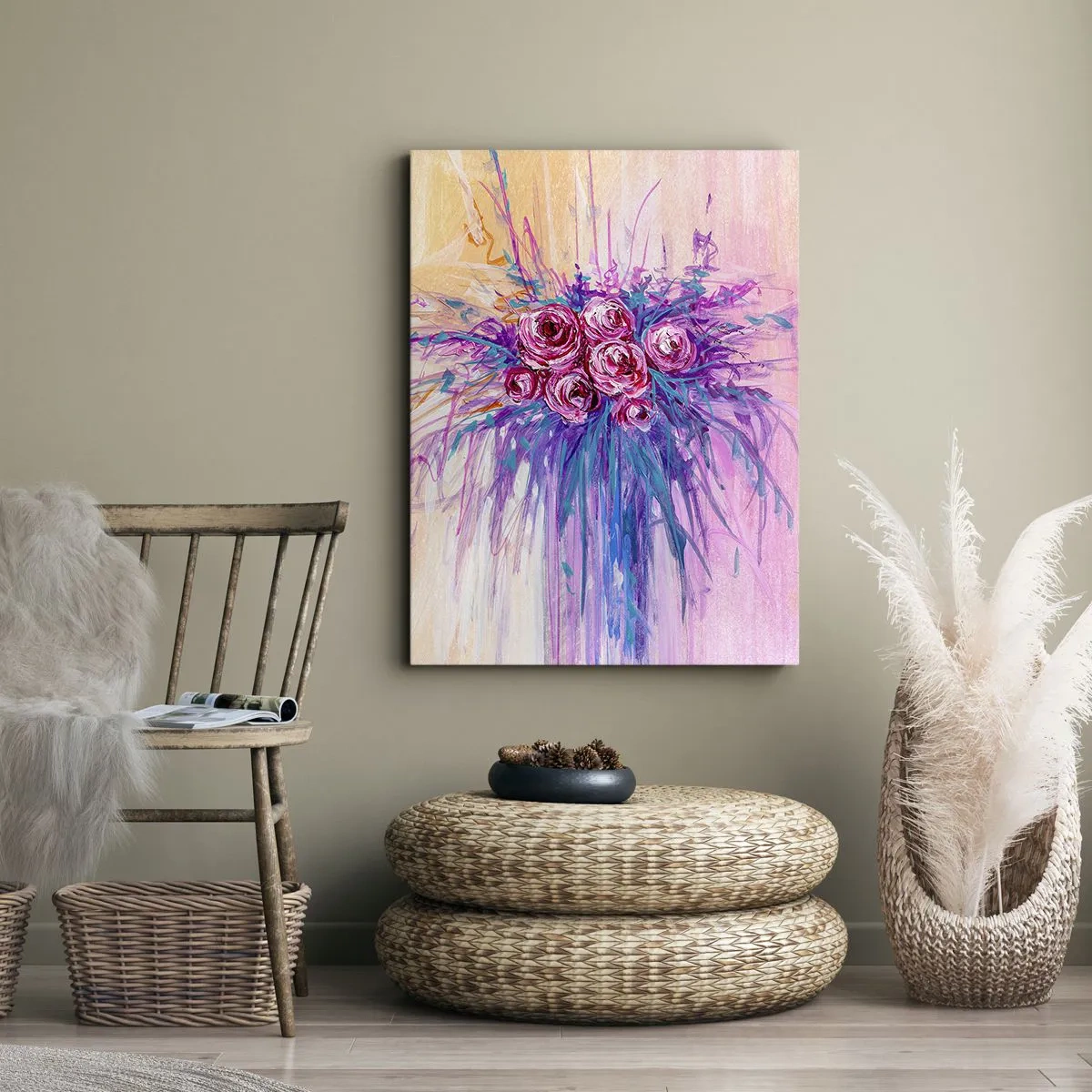 Bild auf Leinwand - Leinwandbild - Ein Strauß Rosen in Pastellfarben - 80x120cm - Rosenbrunnen - Moderne Wanddekoration für Wohnzimmer und Schlafzimmer ARTTOR