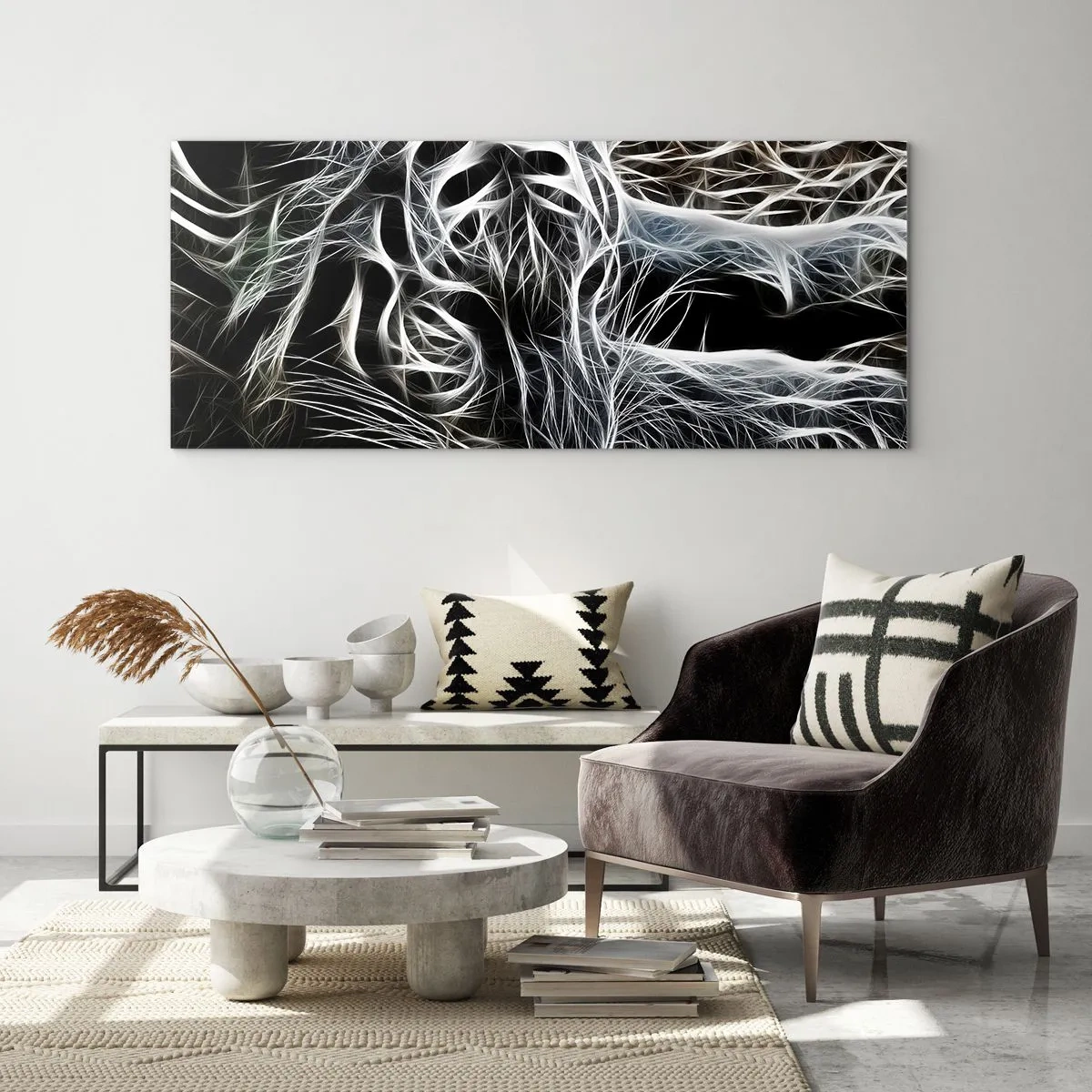 Glasbild - Bild auf glas - Ein abstraktes Muster, das die Silhouette einer Katze auf schwarzem Hintergrund darstellt. - 120x50cm - Eine Studie über die Leichtigkeit der Katze - Moderne Wanddekoration für Wohnzimmer und Schlafzimmer ARTTOR