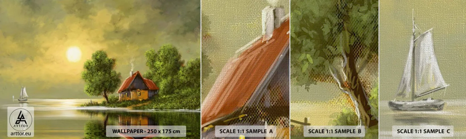 Fototapeten Muster Premium Canvas - Schön, wie ein Bild - Landschaft, Landhaus, Segelboot - 100x30 cm