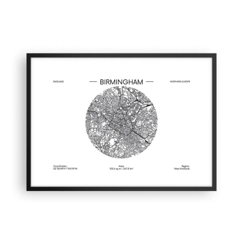 Poster in einem schwarzem Rahmen - Eine minimalistische Schwarzweißkarte von Birmingham mit präzisen Details. - 70x50cm - Anatomie von Birmingham - Moderne Wanddekoration für Wohnzimmer und Schlafzimmer ARTTOR