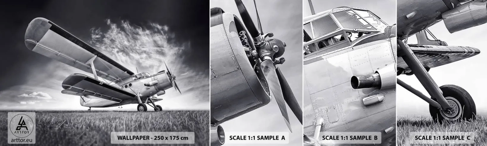 Fototapeten Muster Selbstklebend Deluxe Sticker - Der geflügelte Wanderer - Flugzeug, Flugzeug, Schwarz und weiß - 100x30 cm