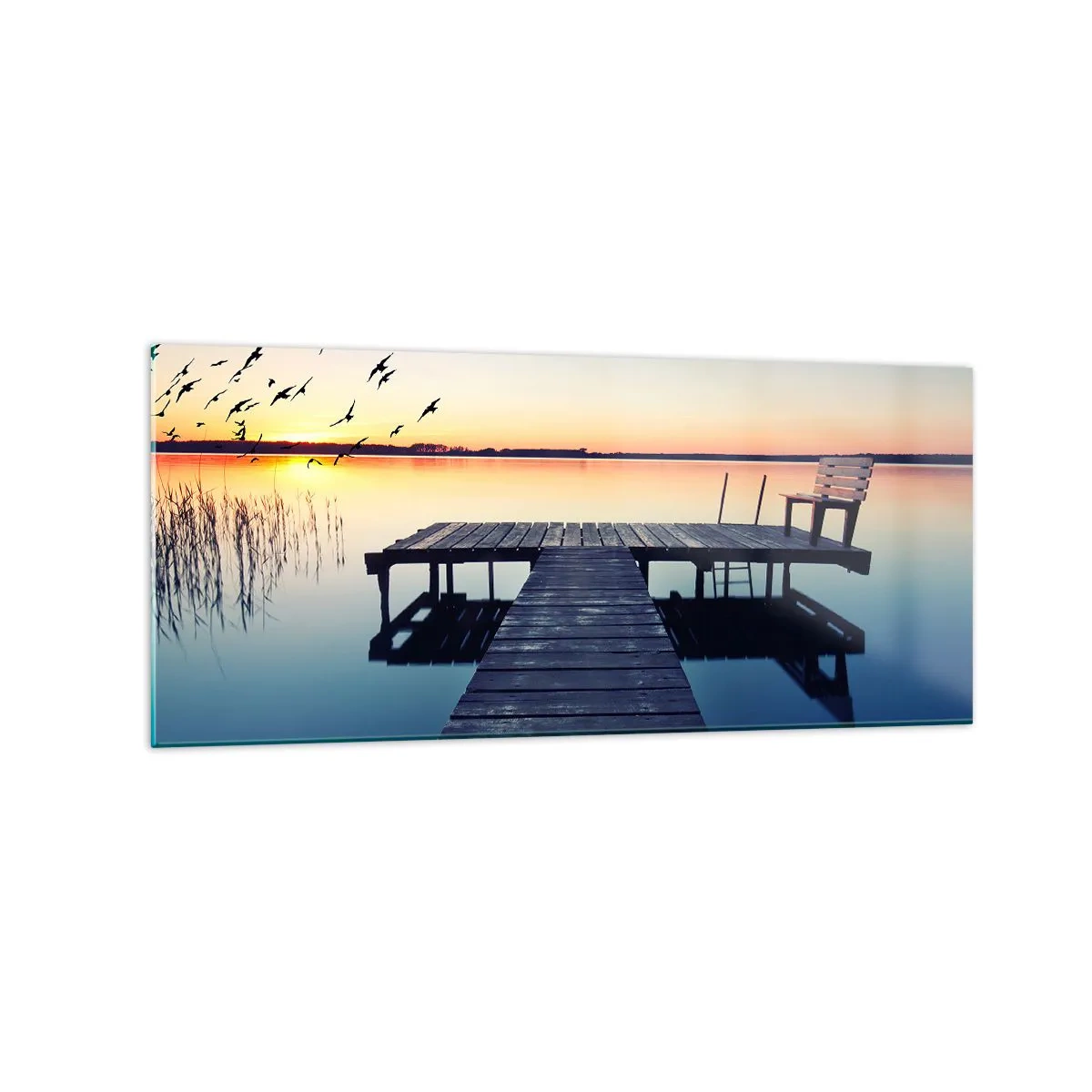 Glasbild - Bild auf glas - Holzsteg auf einem See bei Sonnenaufgang mit Vögeln - 120x50cm - Das war ein guter Tag - Moderne Wanddekoration für Wohnzimmer und Schlafzimmer ARTTOR