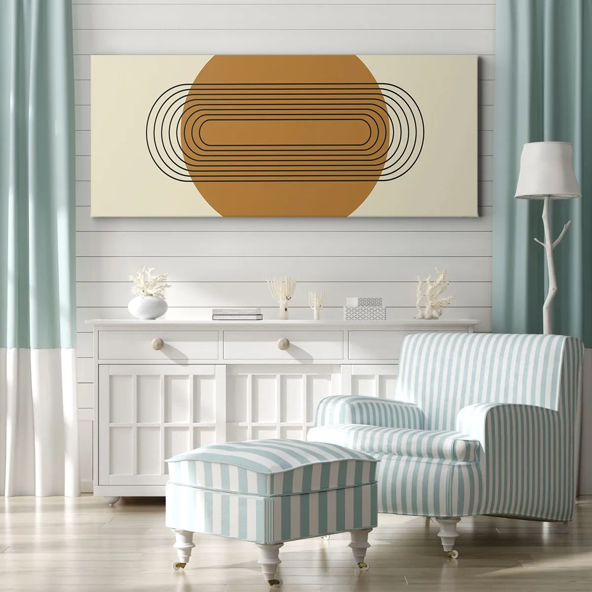 Bild auf Leinwand - Leinwandbild - Geometrisches Muster mit orangefarbenen Kreisen und Linien - 120x50cm - Perfekter Plan - Moderne Wanddekoration für Wohnzimmer und Schlafzimmer ARTTOR