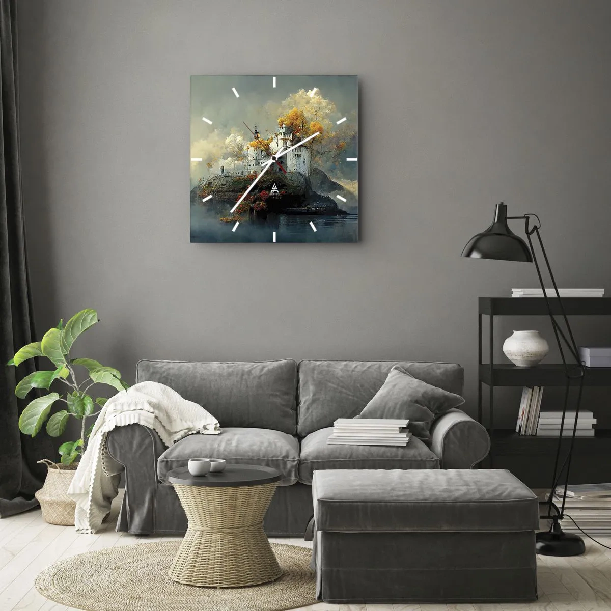 Wanduhr - Glasuhr - Ein Schloss auf einem Hügel, umgeben von herbstlichen Bäumen - 30x30cm - Beginn einer romantischen Geschichte - Moderne Wanddekoration für Wohnzimmer und Schlafzimmer ARTTOR