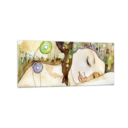 Glasbild - Bild auf glas - Eine träumende Frau, umgeben von abstrakten Formen und Farben. - 120x50cm - Ein smaragd-violetter Traum - Moderne Wanddekoration für Wohnzimmer und Schlafzimmer ARTTOR