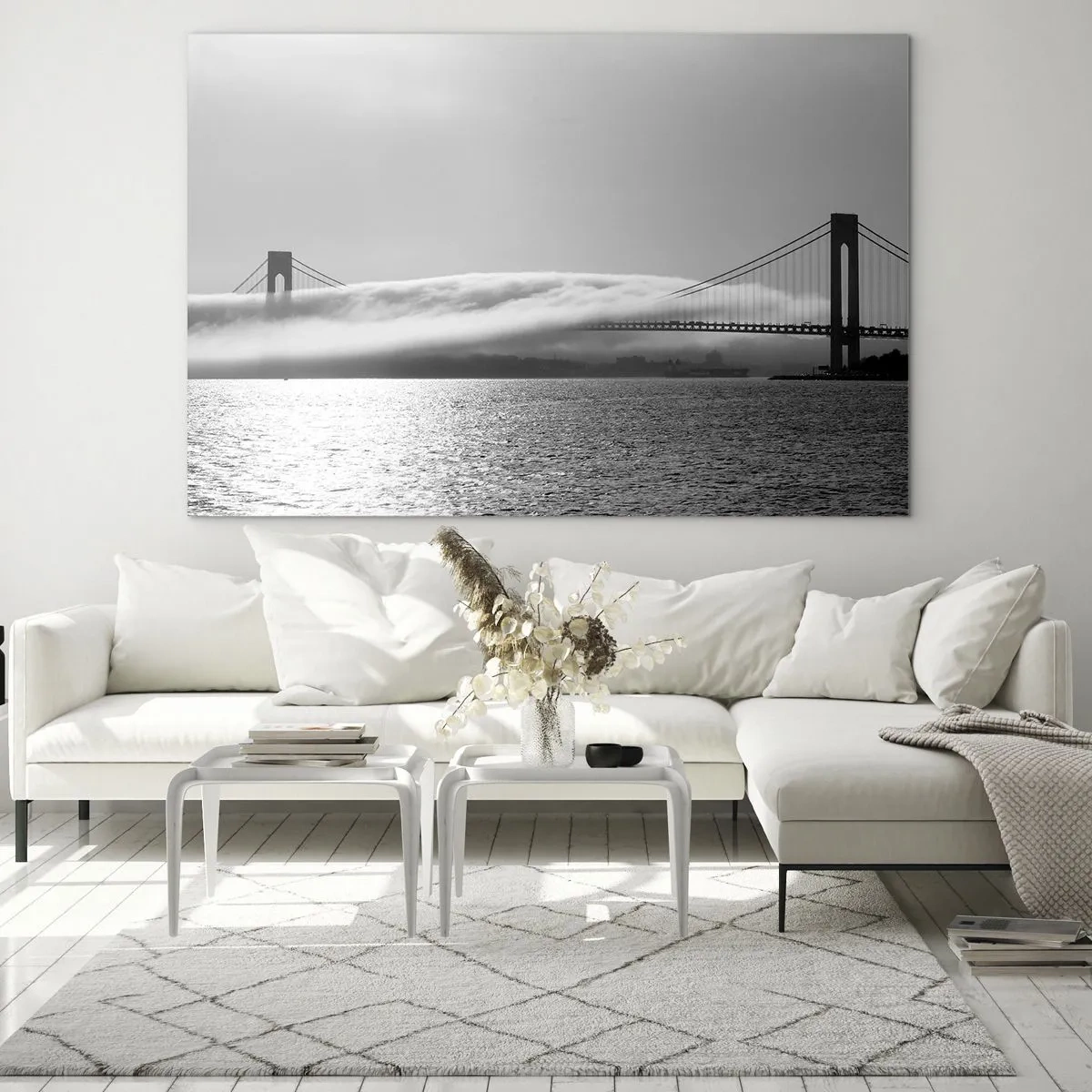 Glasbild - Bild auf glas - Eine Brücke in Schwarzweiß mit Nebel über dem Wasser - 70x50cm - Segeln durch das Goldene Tor - Moderne Wanddekoration für Wohnzimmer und Schlafzimmer ARTTOR