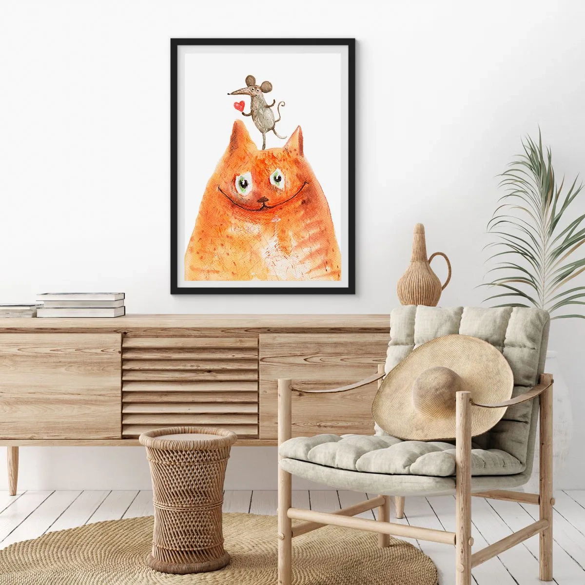 Poster in einem schwarzem Rahmen - Eine Katze mit einer Maus, die ein Herz auf dem Kopf hält - 50x70cm - Paradoxien der Liebe - Moderne Wanddekoration für Wohnzimmer und Schlafzimmer ARTTOR