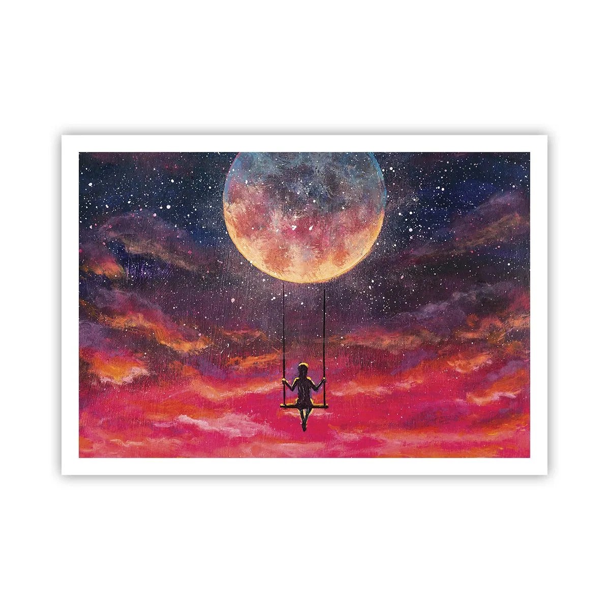 Poster - Eine Figur auf einer Schaukel, die vor dem Mond hängt - 100x70cm - Traum - Moderne Wanddekoration für Wohnzimmer und Schlafzimmer ARTTOR