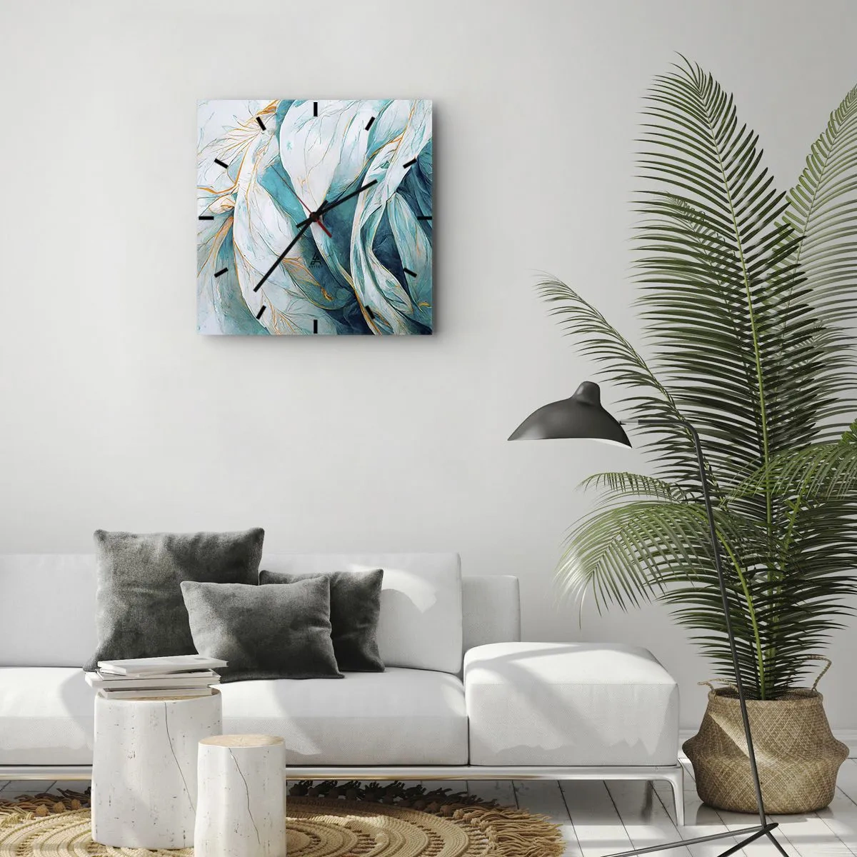 Wanduhr - Glasuhr - Blaue Abstraktion mit goldenem Motiv - 30x30 cm