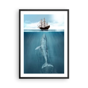 Poster in einem schwarzem Rahmen - Ein Schiff auf der Wasseroberfläche mit einem Wal darunter, in einer surrealistischen Aufnahme - 50x70cm - Es ist besser, es nicht zu wissen - Moderne Wanddekoration für Wohnzimmer und Schlafzimmer ARTTOR