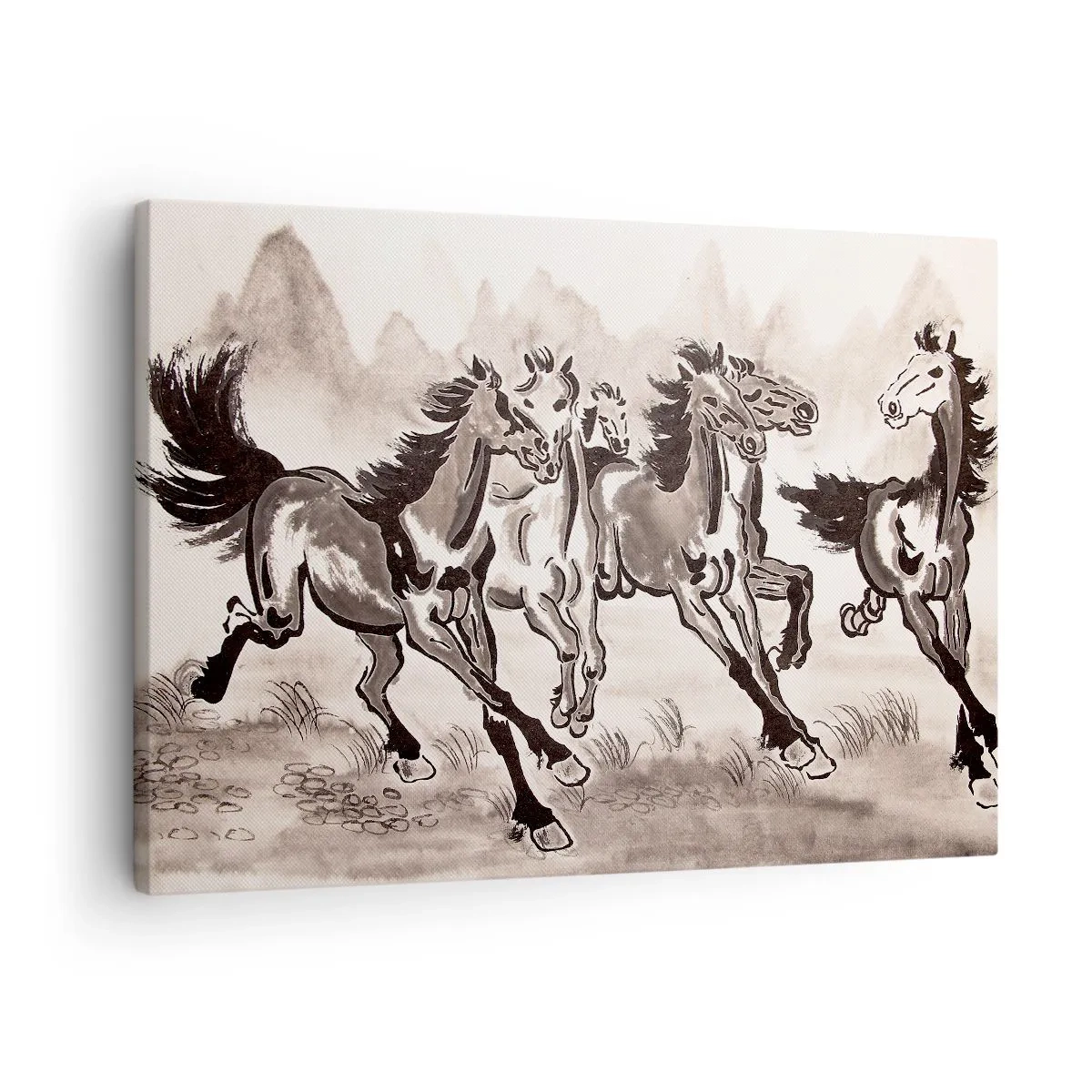 Bild auf Leinwand - Leinwandbild - Dynamische Grafiken galoppierender Pferde im orientalischen Stil - 70x50cm - In freudigem Galopp - Moderne Wanddekoration für Wohnzimmer und Schlafzimmer ARTTOR