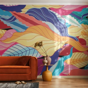 Fototapete Premium Sand - Bunte Blattgrafiken im abstrakten Stil - 100x70cm - Buntes Durcheinander - Moderne Wanddekoration für Wohnzimmer und Schlafzimmer ARTTOR