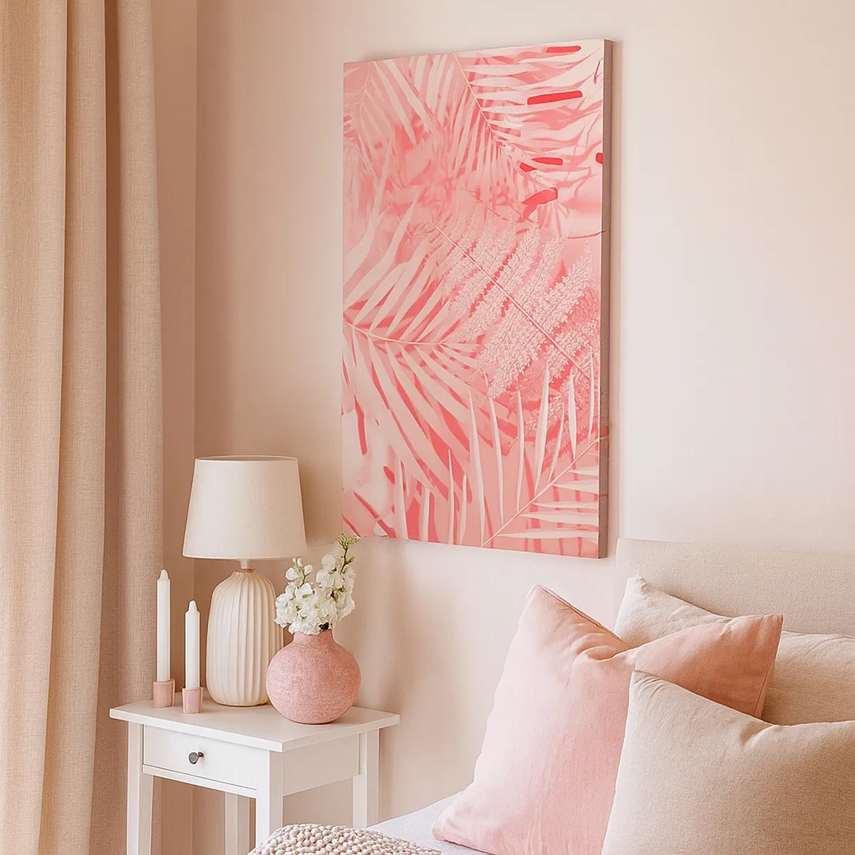 Bild auf Leinwand - Leinwandbild - Rosa tropische Blätter in einem zarten und minimalistischen Stil - 50x70cm - Rosa Konzept - Moderne Wanddekoration für Wohnzimmer und Schlafzimmer ARTTOR