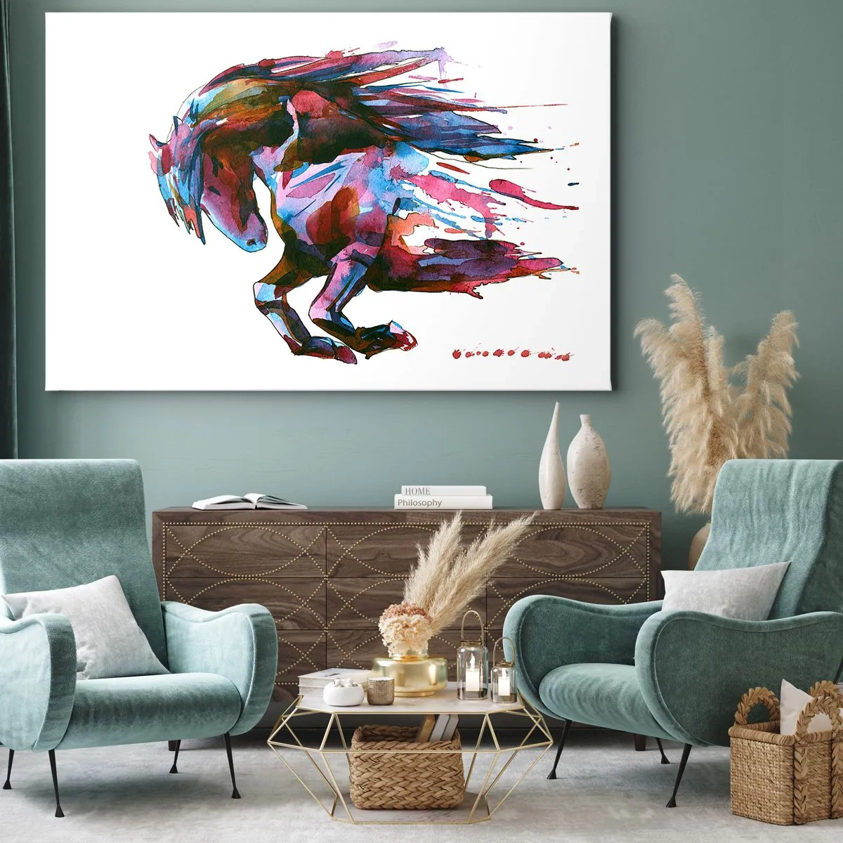 Bild auf Leinwand - Leinwandbild - Ein Pferd in dynamischen abstrakten Farben symbolisiert Freiheit - 70x50cm - In Verzückung - Moderne Wanddekoration für Wohnzimmer und Schlafzimmer ARTTOR