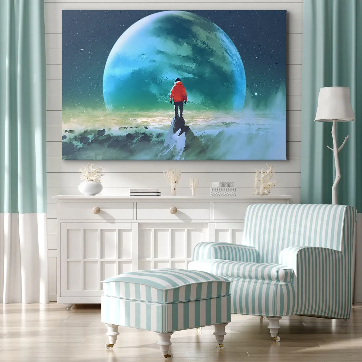 Bild auf Leinwand - Leinwandbild - Ein Mann in einer roten Jacke steht vor einem großen Planeten mit Sternen im Hintergrund. - 70x50cm - Entdecker des neuen Landes - Moderne Wanddekoration für Wohnzimmer und Schlafzimmer ARTTOR