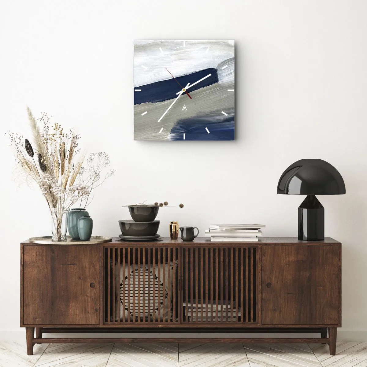 Wanduhr - Glasuhr - Abstrakte Pinselstriche in Blau- und Grautönen - 30x30cm - Begegnung mit dem Weißsein - Moderne Wanddekoration für Wohnzimmer und Schlafzimmer ARTTOR