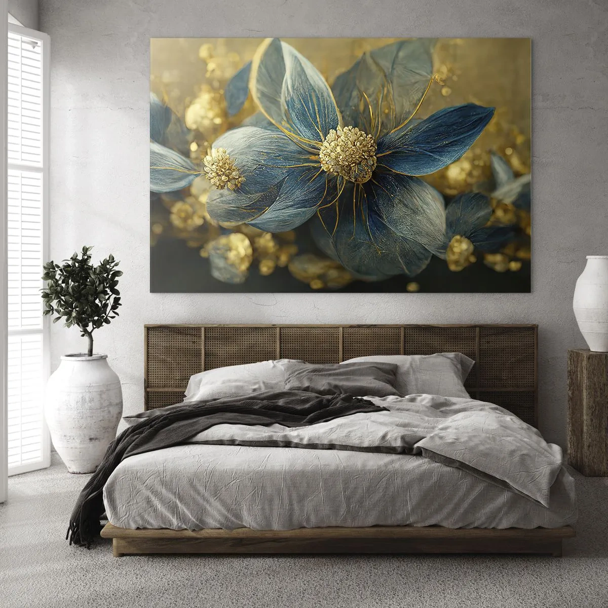 Glasbild - Bild auf glas - Blaue und goldene Blumen mit einem luxuriösen Gefühl - 120x80cm - Mit Gold blühen - Moderne Wanddekoration für Wohnzimmer und Schlafzimmer ARTTOR