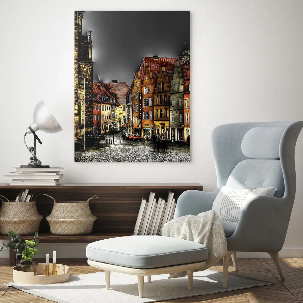 Glasbild - Bild auf glas - Bunte Mietshäuser auf einer Kopfsteinpflasterstraße in der historischen Stadt - 70x100cm - Es fehlt nur noch ein verzaubertes Taxi - Moderne Wanddekoration für Wohnzimmer und Schlafzimmer ARTTOR