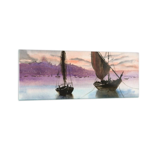 Glasbild - Bild auf glas - Zwei Segelschiffe liegen in der Abenddämmerung auf ruhigem Wasser vor Anker - 140x50cm - Abend am Hafen - Moderne Wanddekoration für Wohnzimmer und Schlafzimmer ARTTOR