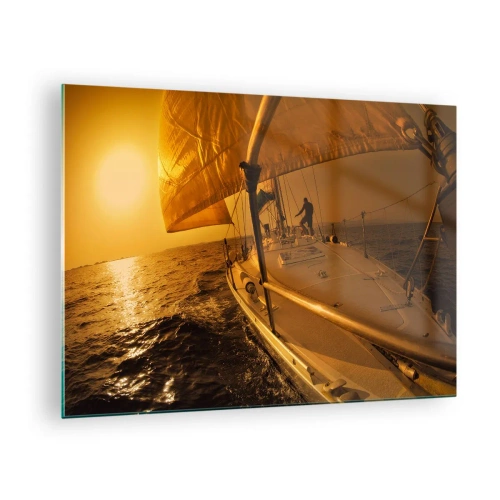 Glasbild - Bild auf glas - Ein Segelboot vor der Kulisse der untergehenden Sonne - 70x50cm - Ein goldener Abend nach einem bunten Tag - Moderne Wanddekoration für Wohnzimmer und Schlafzimmer ARTTOR