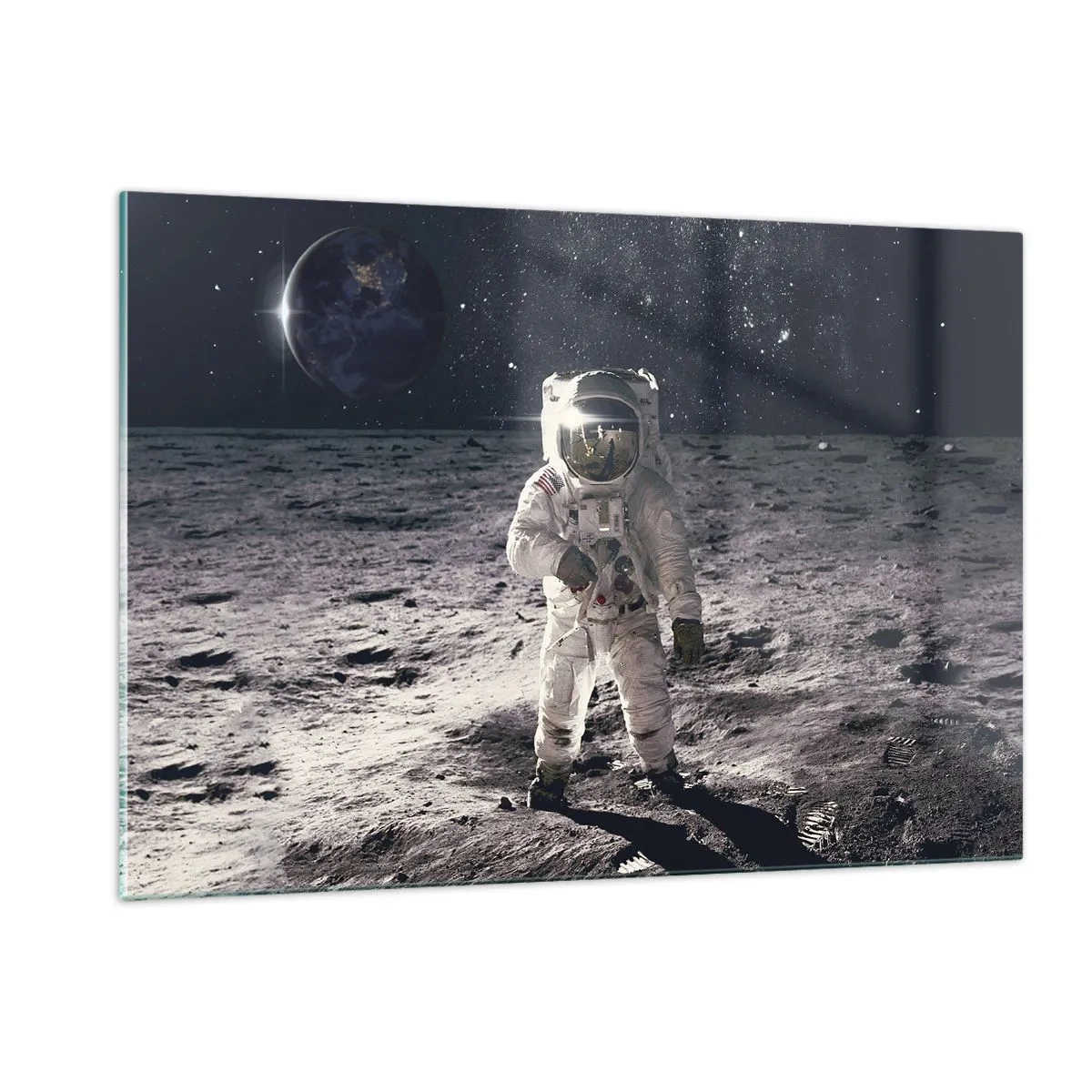 Glasbild - Bild auf glas - Astronaut auf der Mondoberfläche mit der Erde im Hintergrund - 120x80cm - Grüße vom Mond - Moderne Wanddekoration für Wohnzimmer und Schlafzimmer ARTTOR