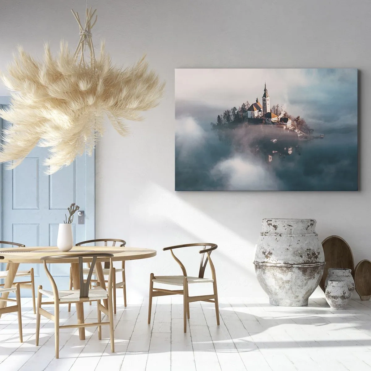 Bild auf Leinwand - Leinwandbild - Eine malerische Insel mit einer im Nebel verborgenen Kirche - 70x50cm - Trauminsel - Moderne Wanddekoration für Wohnzimmer und Schlafzimmer ARTTOR