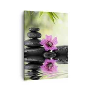 Bild auf Leinwand - Leinwandbild - Zen-Steine und eine rosa Blume spiegeln sich im Wasser - 50x70cm - Zeit für die Seele - Moderne Wanddekoration für Wohnzimmer und Schlafzimmer ARTTOR