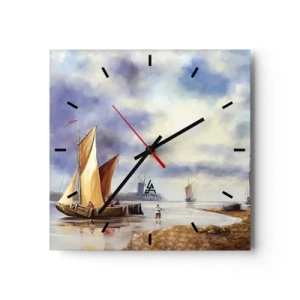 Wanduhr - Glasuhr - Segelboote auf ruhigem Wasser mit Windmühlen im Hintergrund - 30x30cm - Die Rückkehr der Seeleute - Moderne Wanddekoration für Wohnzimmer und Schlafzimmer ARTTOR