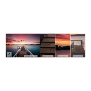 Fototapetenmuster Standard Eco - Die sanfte Flamme des Abends - Landschaft, Sonnenuntergang, Holzsteg - 100x30 cm