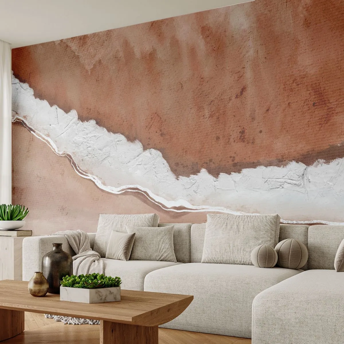 Fototapete Premium Sand - Eine abstrakte Linie, die einer weißen Welle auf dem Sand ähnelt - 100x70cm - In Farben der Erde - Moderne Wanddekoration für Wohnzimmer und Schlafzimmer ARTTOR