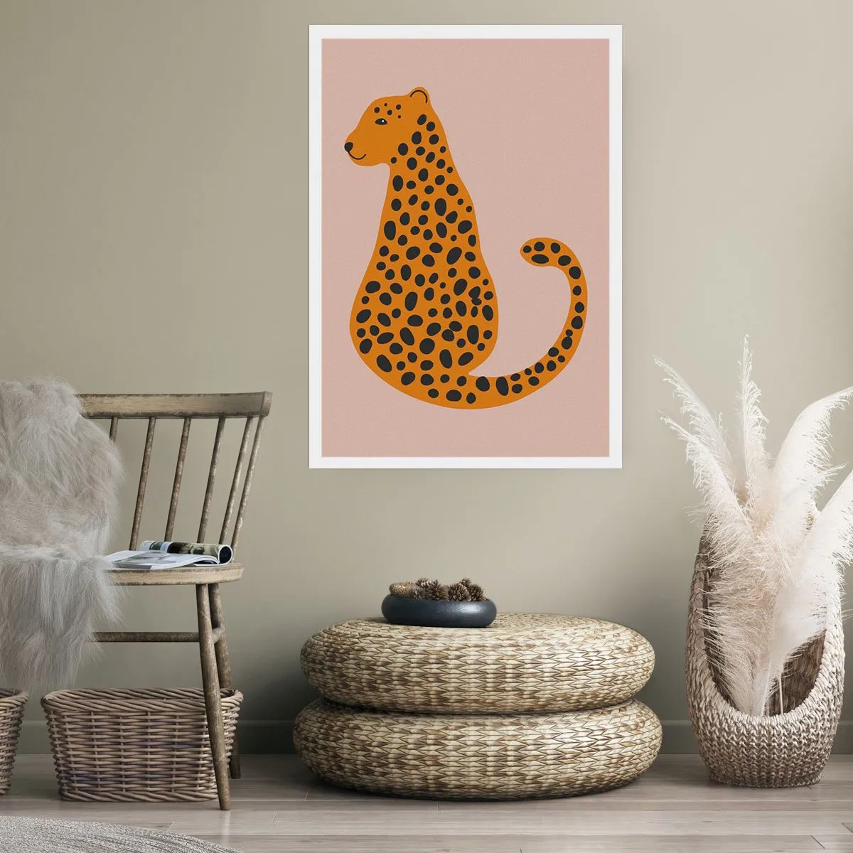 Poster - Minimalistischer Gepard auf beigem Hintergrund - 50x70cm - Leopardenmuster ist ein modisches Muster - Moderne Wanddekoration für Wohnzimmer und Schlafzimmer ARTTOR