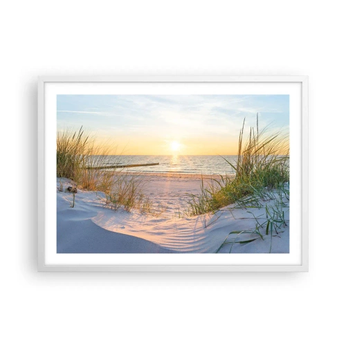 Poster in einem weißen Rahmen - Das Rauschen des Meeres, der Gesang der Vögel, ein wilder Strand im Gras ... - 70x50 cm