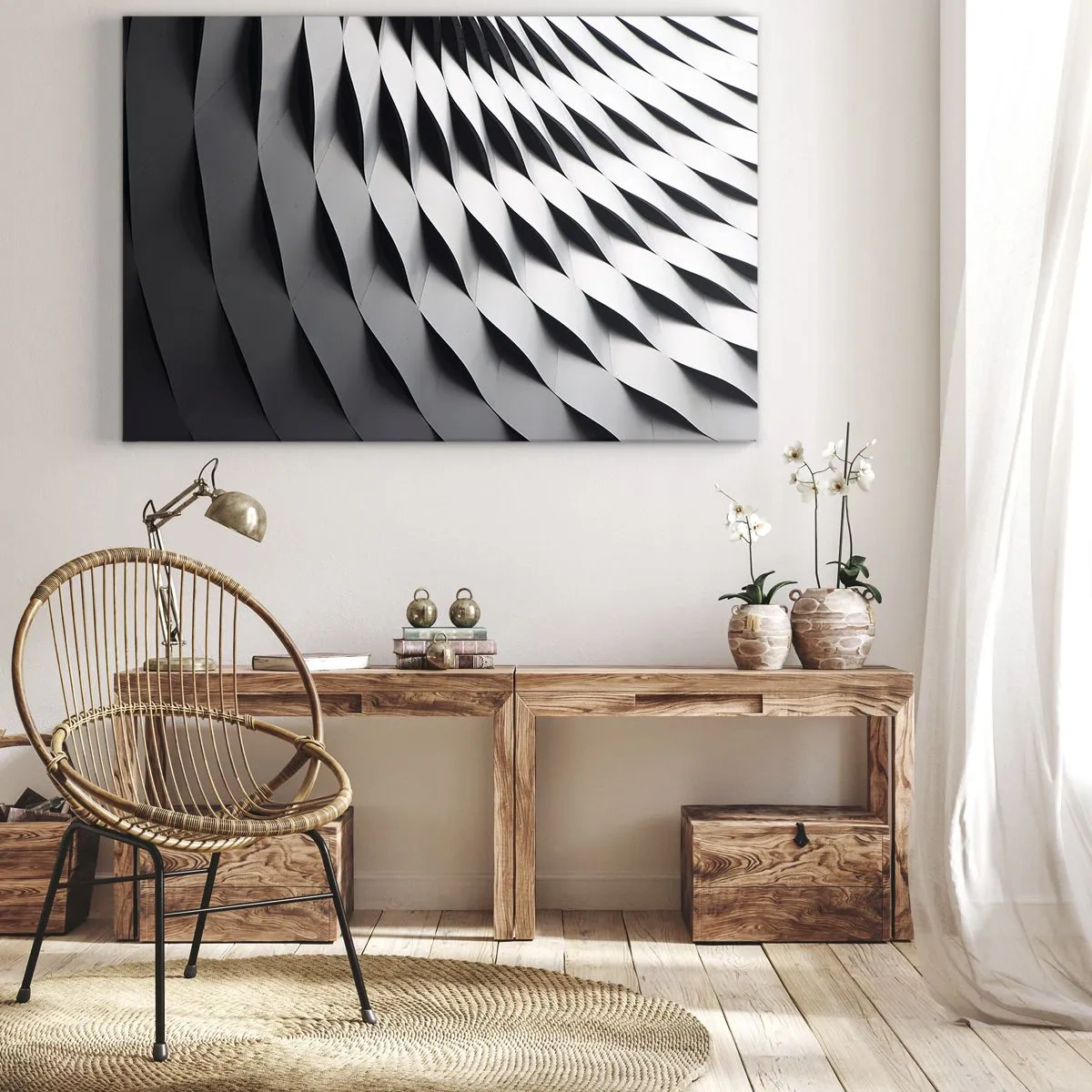 Bild auf Leinwand - Leinwandbild - Abstraktes geometrisches Muster in Schwarz-Weiß-Tönen - 100x70cm - Auf der Oberfläche der Wellen - Moderne Wanddekoration für Wohnzimmer und Schlafzimmer ARTTOR