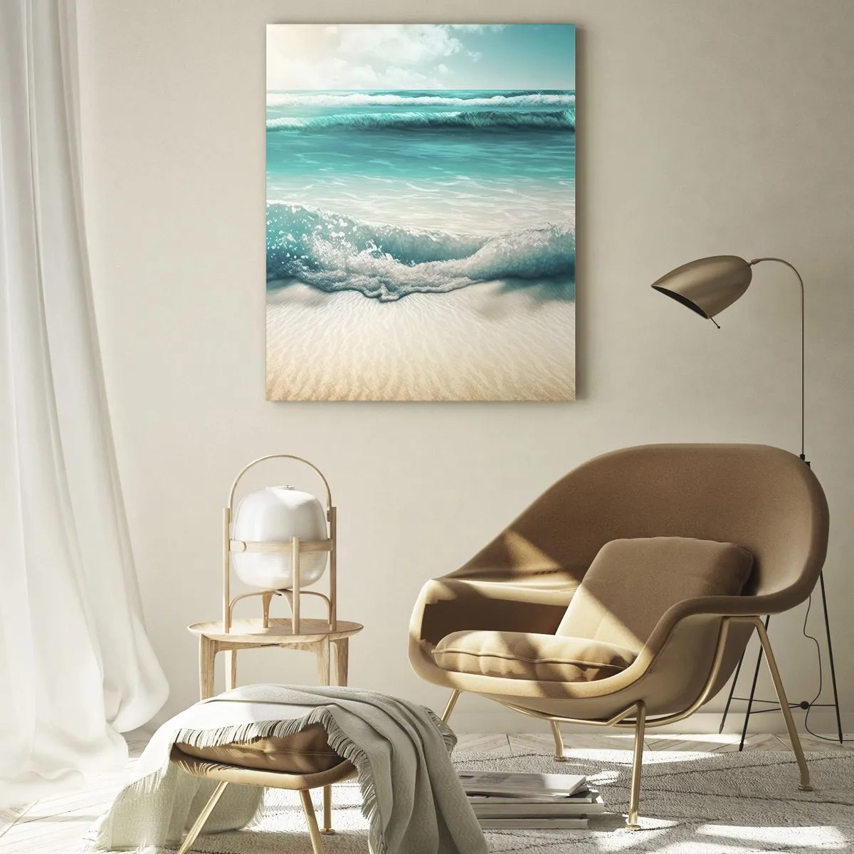 Glasbild - Bild auf glas - Meereswellen an einem hellen Sandstrand - 80x120cm - Frieden des Ozeans - Moderne Wanddekoration für Wohnzimmer und Schlafzimmer ARTTOR