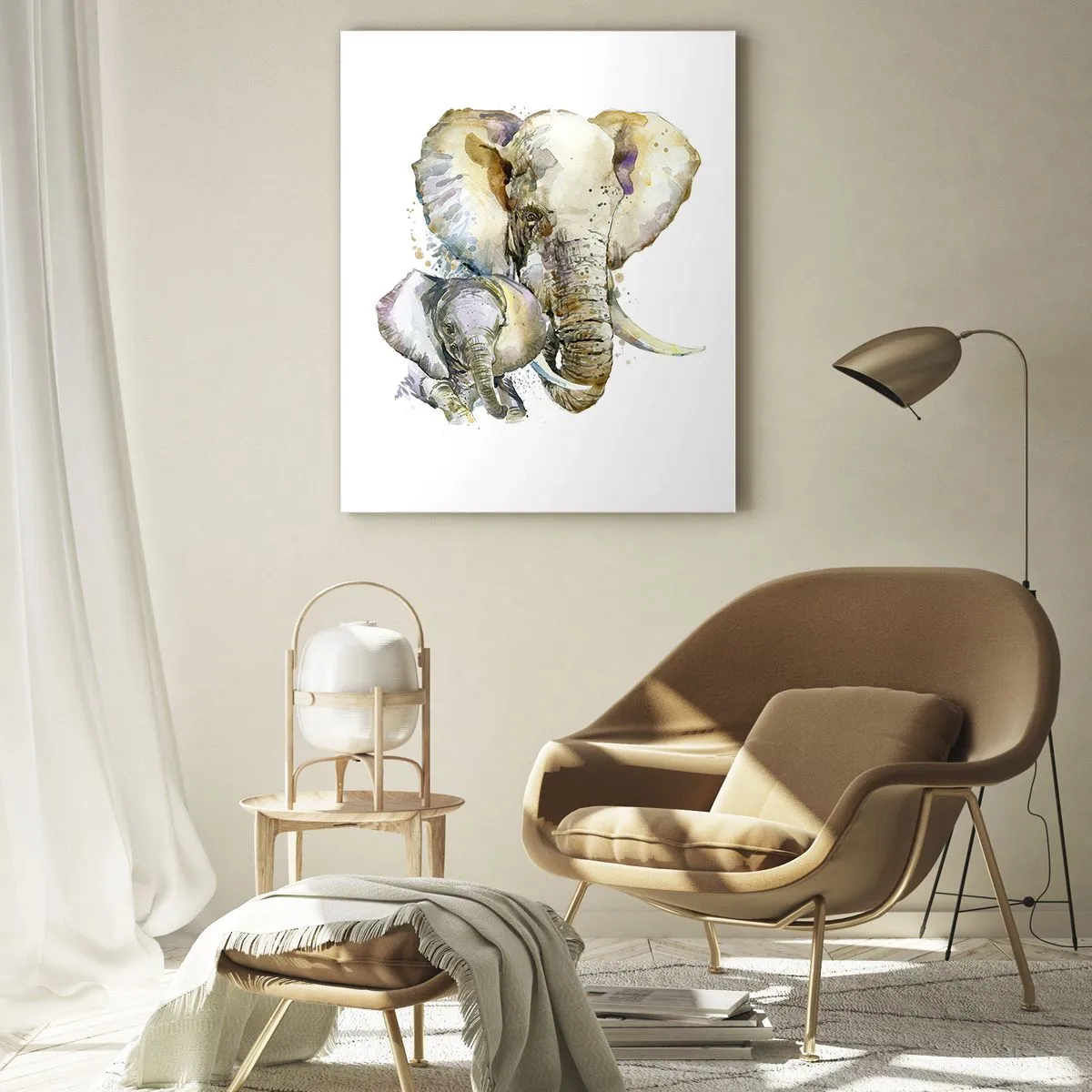 Glasbild - Bild auf glas - Künstlerische Elefanten im Aquarellstil auf weißem Hintergrund - 50x70cm - Mama ist kein Zuhause - Moderne Wanddekoration für Wohnzimmer und Schlafzimmer ARTTOR