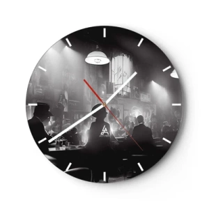 Wanduhr - Glasuhr - Schwarz-Weiß-Szene aus einem Jazzclub mit Silhouetten von Gästen - 30x30cm - In Jazz-Atmosphäre - Moderne Wanddekoration für Wohnzimmer, Küche und Schlafzimmer ARTTOR