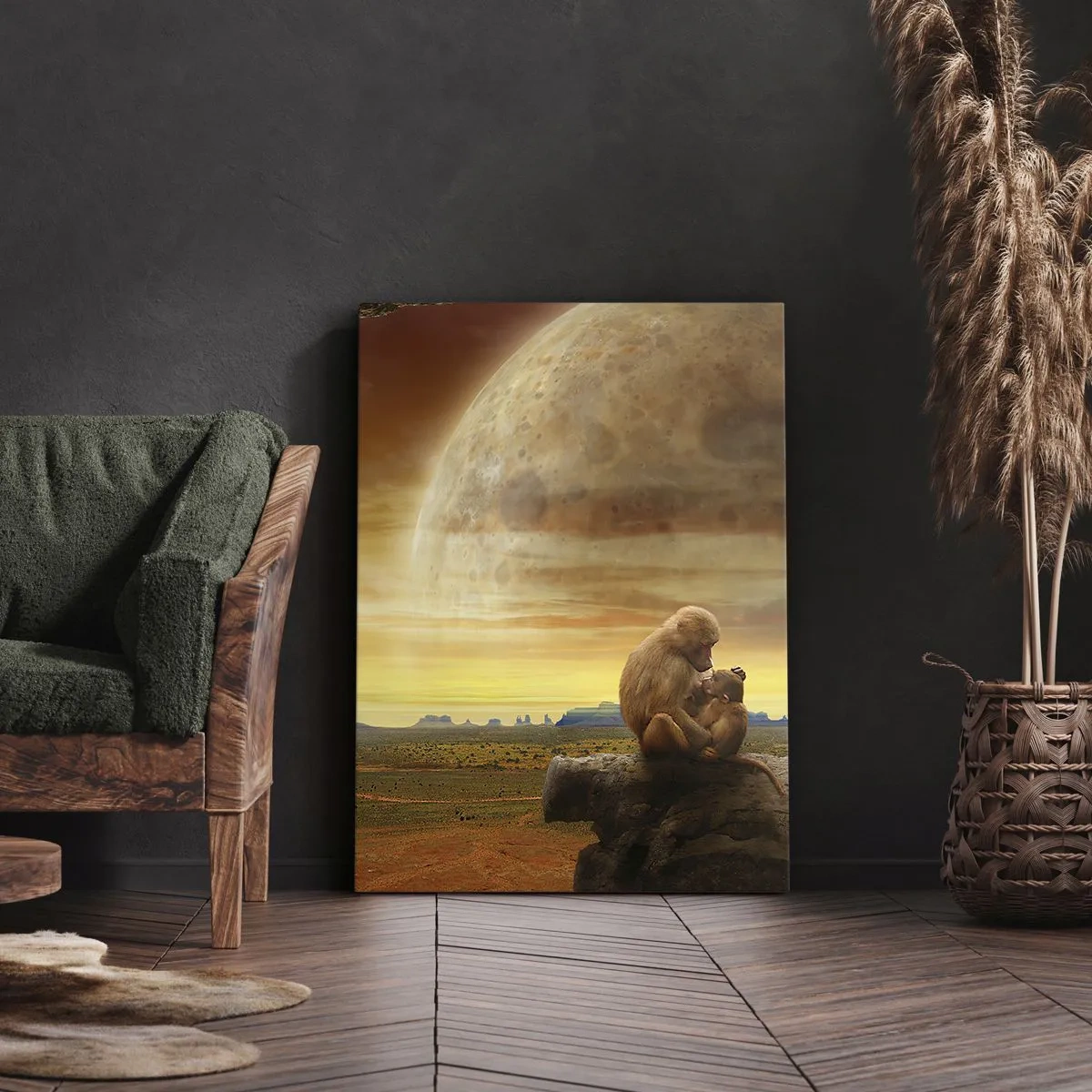 Bild auf Leinwand - Leinwandbild - Affen sitzen auf einem Felsen in einer surrealen Landschaft mit einem riesigen Planeten - 50x70cm - Die Liebe ist überall gleich - Moderne Wanddekoration für Wohnzimmer und Schlafzimmer ARTTOR