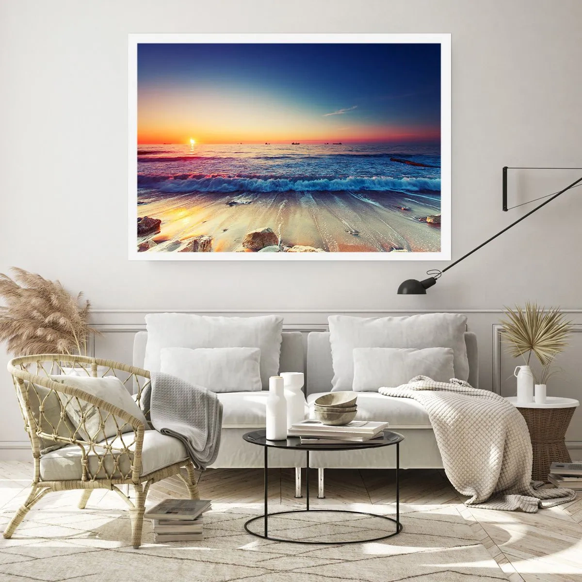 Poster - Sonnenuntergang über einem ruhigen Meer mit Wellen - 100x70cm - Was ist mit dem Horizont? - Moderne Wanddekoration für Wohnzimmer und Schlafzimmer ARTTOR