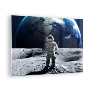 Glasbild - Bild auf glas - Astronaut auf der Mondoberfläche mit der Erde im Hintergrund - 70x50cm - Grüße vom Mond - Moderne Wanddekoration für Wohnzimmer und Schlafzimmer ARTTOR