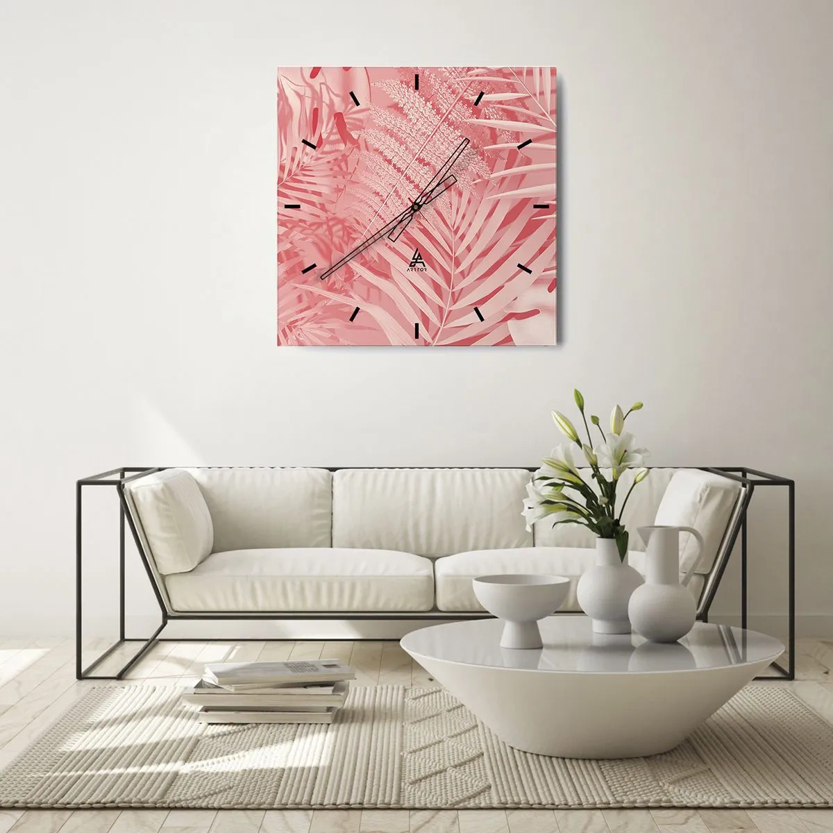 Wanduhr - Glasuhr - Rosa tropische Blätter in einem zarten und minimalistischen Stil - 30x30cm - Rosa Konzept - Moderne Wanddekoration für Wohnzimmer und Schlafzimmer ARTTOR